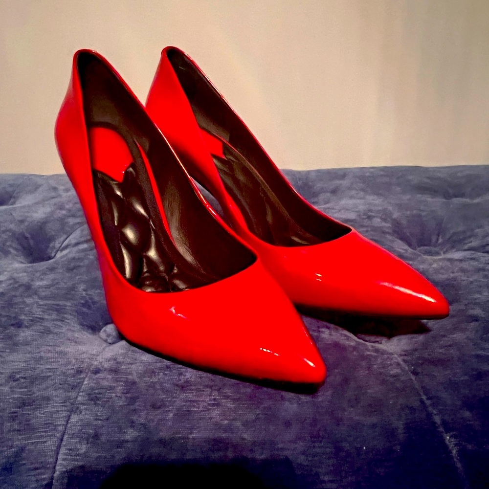 Brian Atwood shiny red patent leather stiletto pumps